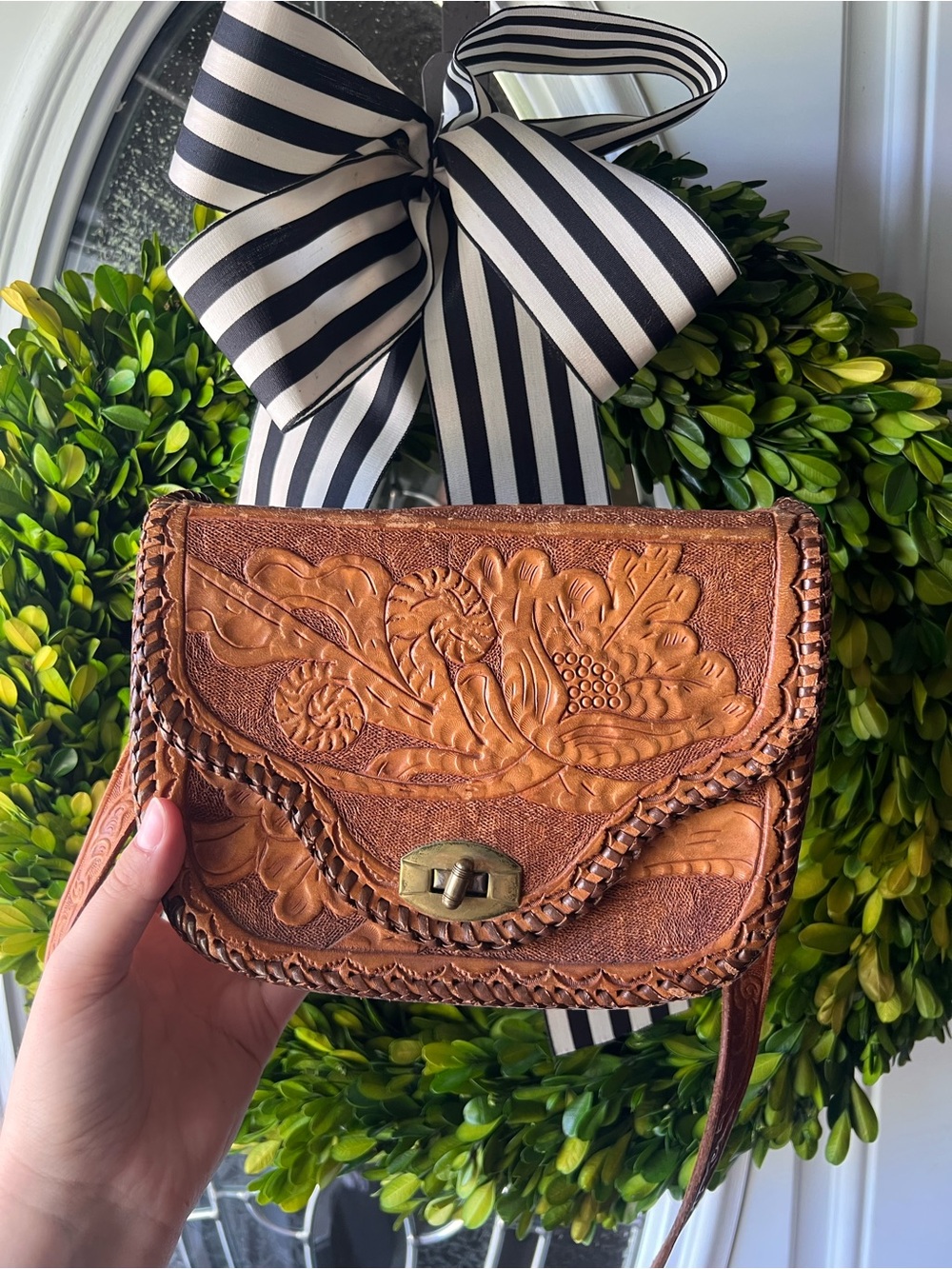 Handtooled Brown Leather Crossbody Bag - Rustic Floral Design